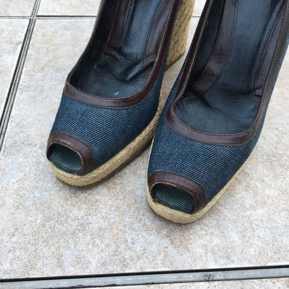 Fendi peep toe denim trim wedge espadrilles 37.5 - Picture 4 of 15